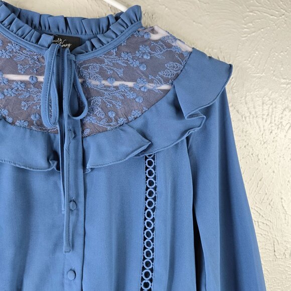 Victorian Buttondown Shirt M Blue Satin Ruffled Bell Sleeve Regency Preppy Top - Picture 9 of 13